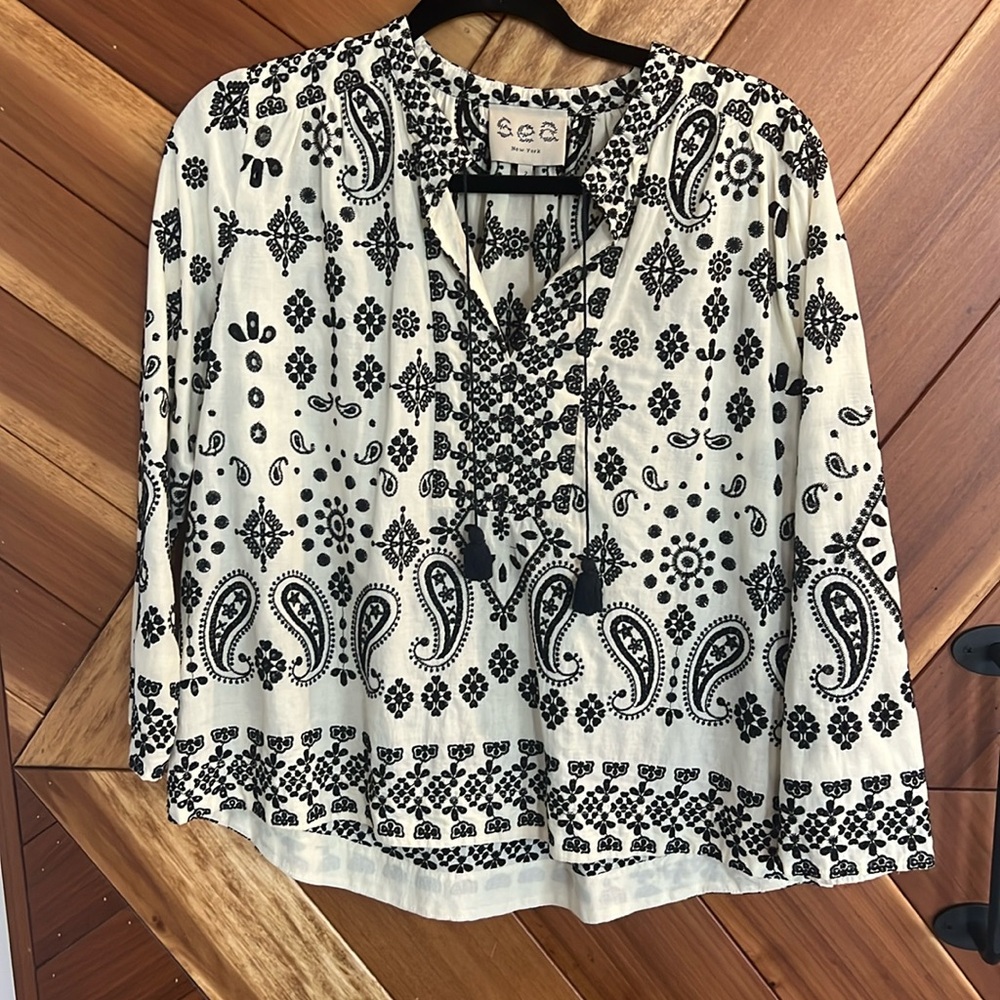 SEA NY Embroidered Blouse 100% Cotton,  Long Sleeve tie neck, Cream/black, sz. 2